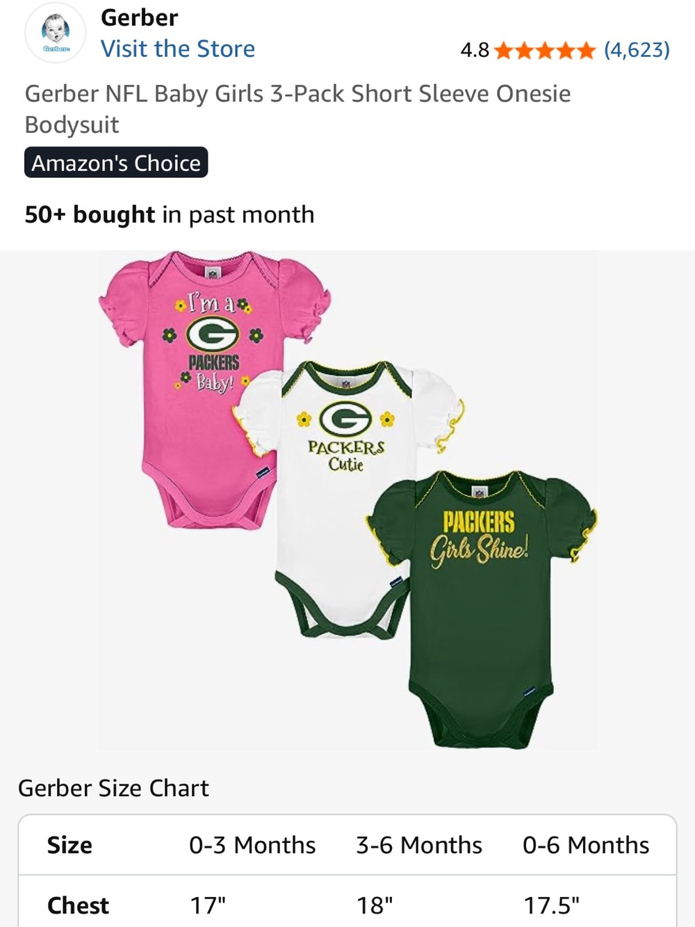 Gerber Pink, White & Green Packers Baby Girls 3-Pack Short Sleeve Onesies